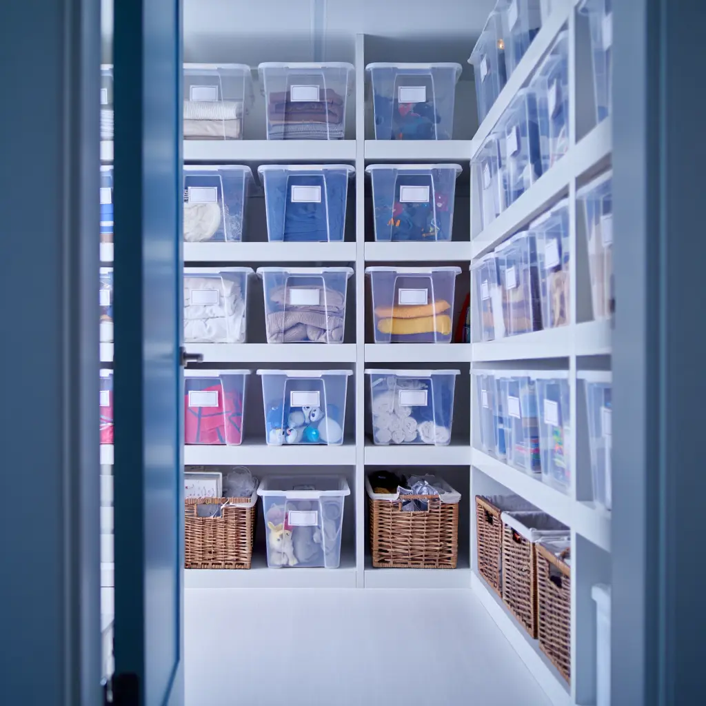 Hyvin järjestetty säilytystila selkeillä laatikoilla ja hyllyillä